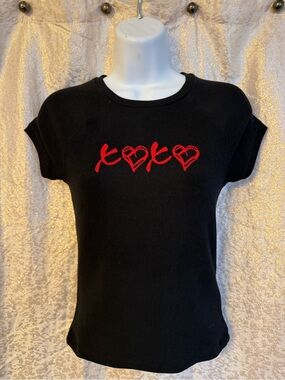 Black Tee with Red Heart Script Embroidery